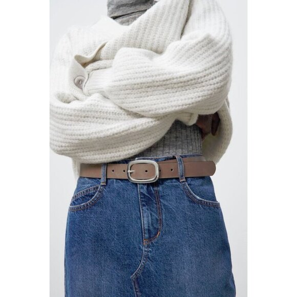 NWOT Zara taupe brown leather belt with silver hardware, 38.25" long - Picture 2 of 16